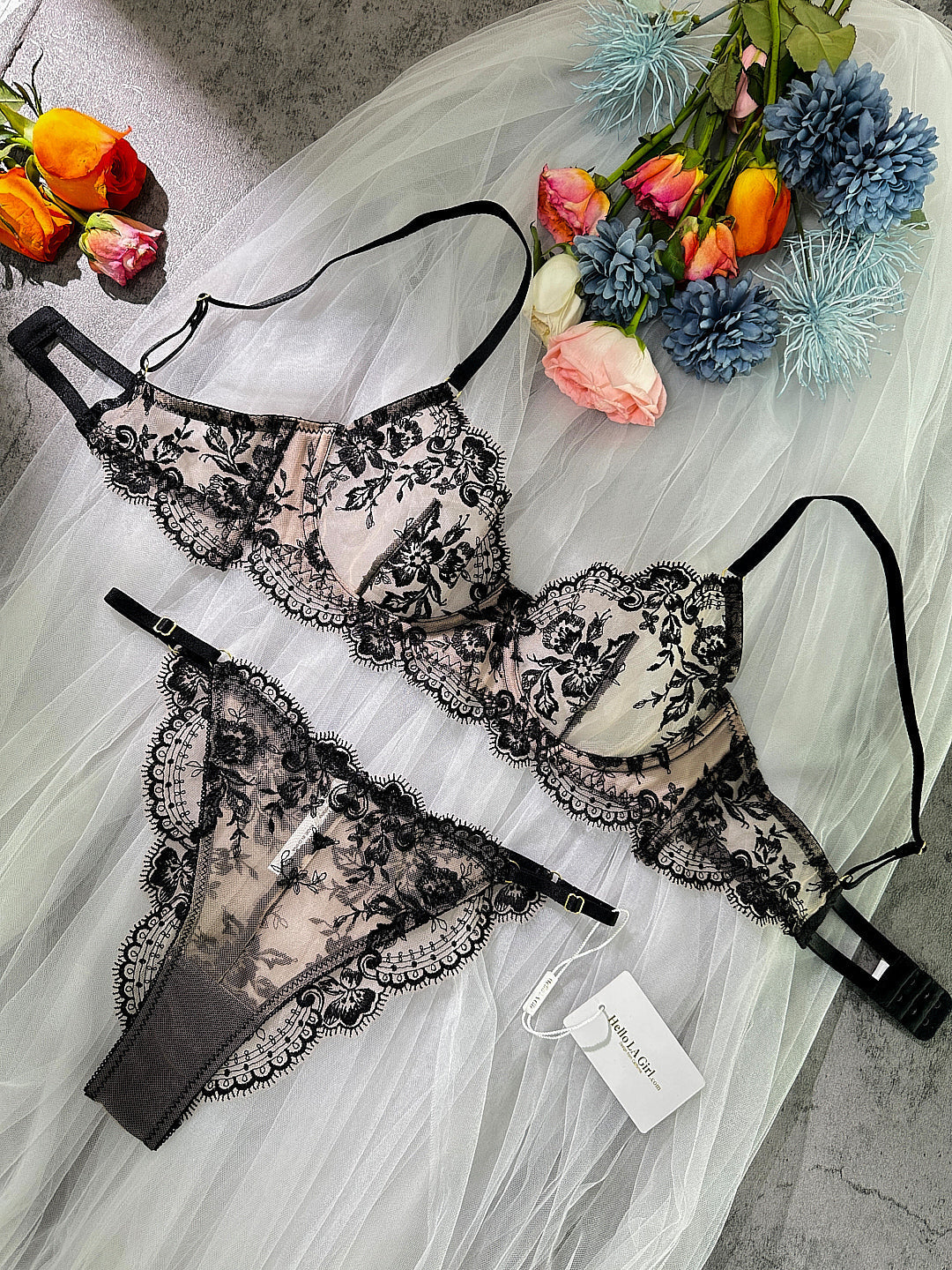 Black Lace Embroidered Lingerie Set With Sheer Details Hello.LA.Girl